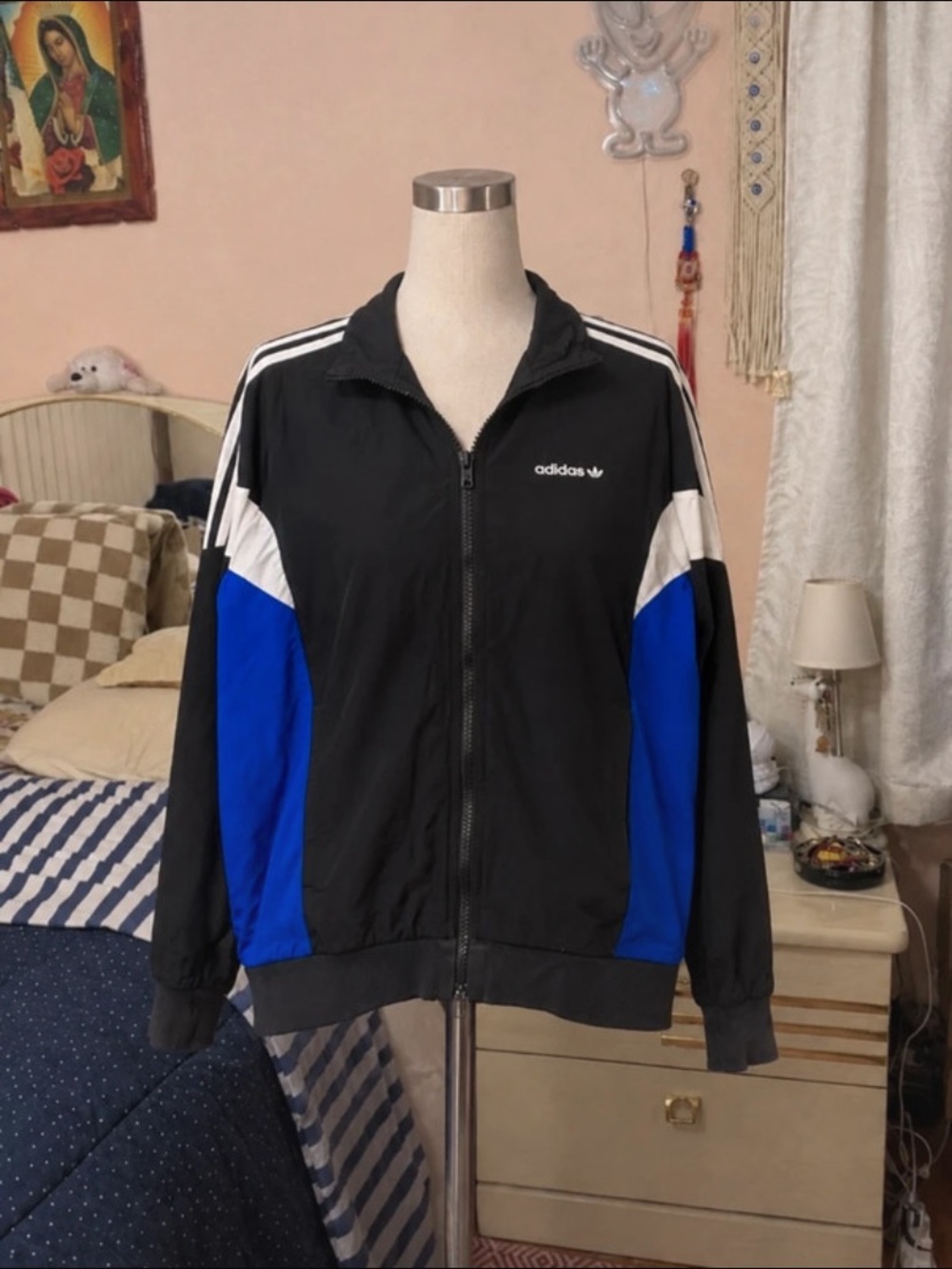 adidas Black and Blue Track Windbreaker with White Stripes